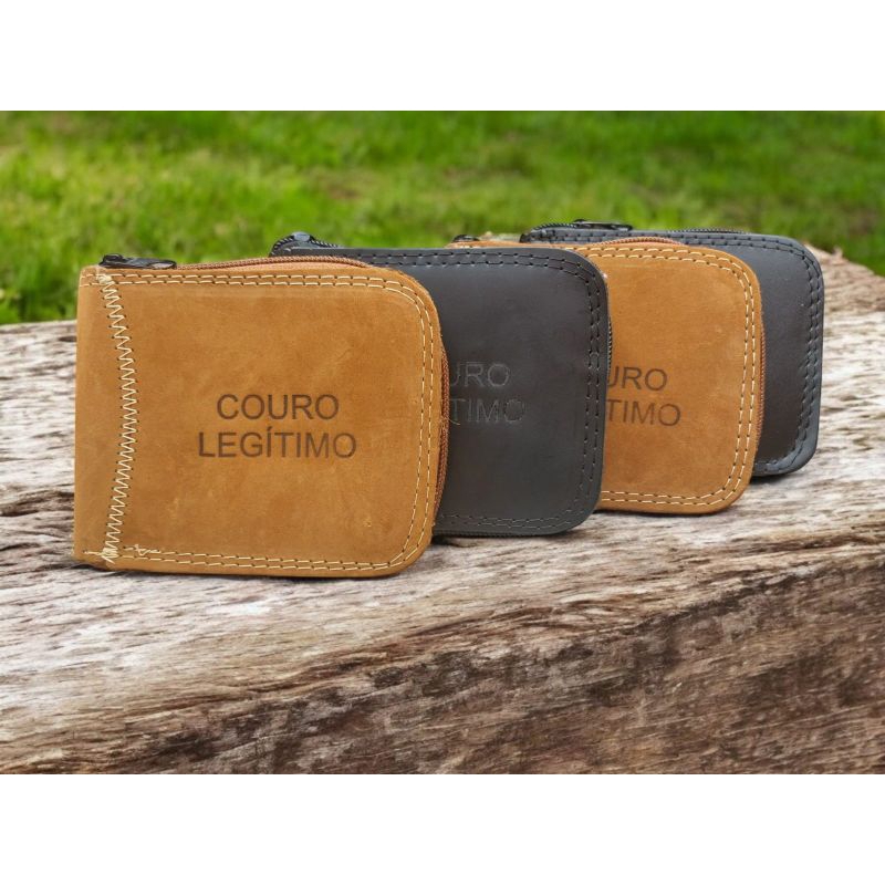 kit 4 carteiras de couro de zíper com porta moedas