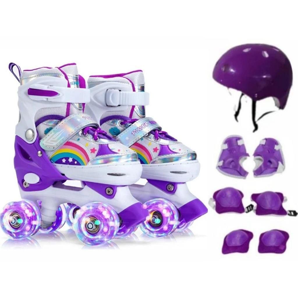 Patins Infantil 4 Rodas Menina ARCO IRIS Com Luz De Led Patins COM  Kit Proteção Menino Promoção