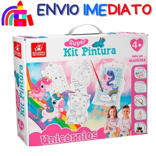 Super Kit Pintura - Unicórnio- Criança Com 4 Telas Cavalete + 6 Tintas - Brincadeira De Criança