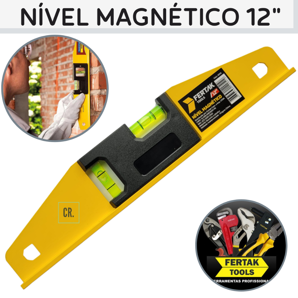 Nível de Alumínio Com Base Magnética Fertak Tools 12" 30cm Com 2 Bolhas Amarelo Nivel Magnético.