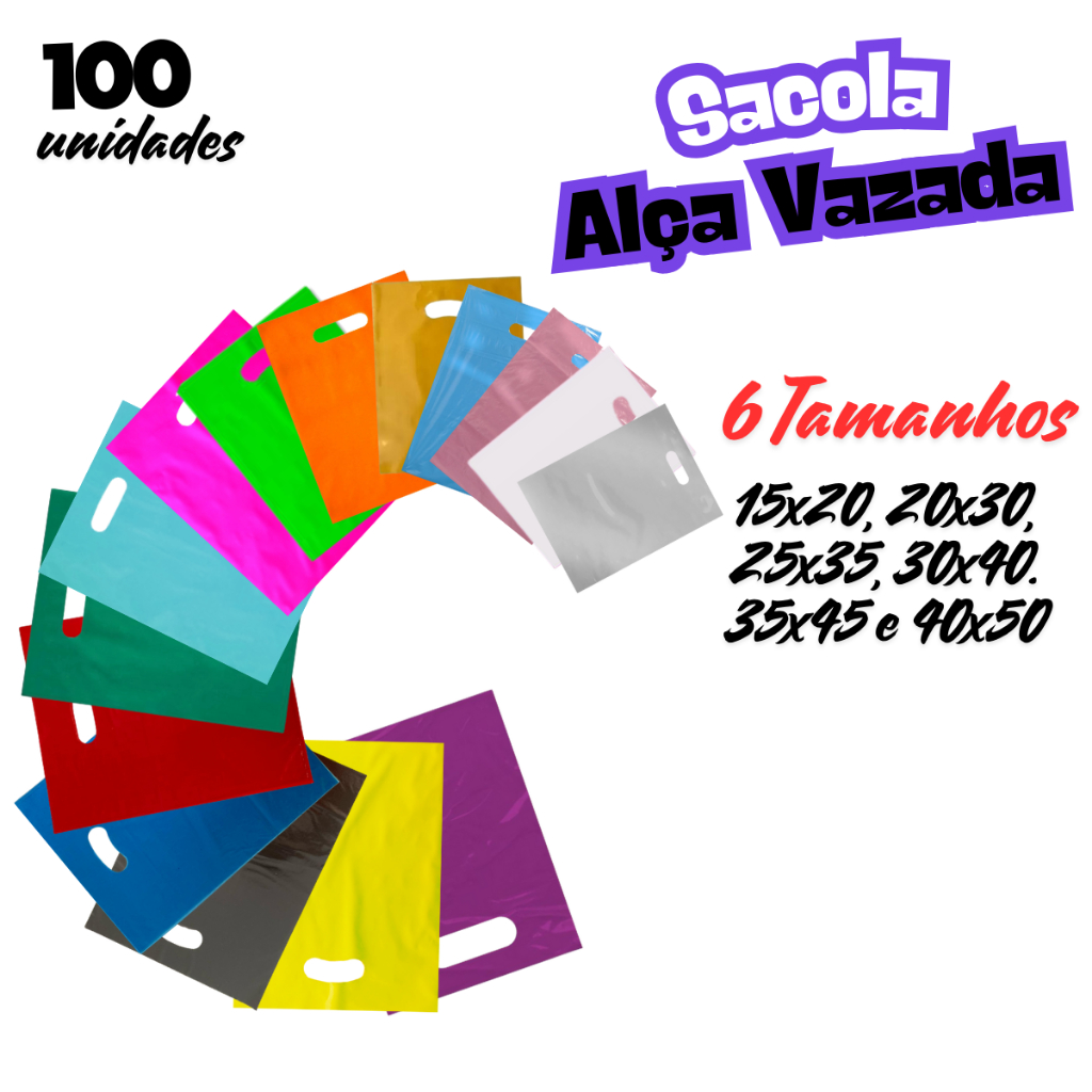 100 Sacolas Boca de Palhaço alça vazada Sacolinhas Plásticas 15x20 20x30 25x35 30x40 35x45 40x50 para lojas em geral