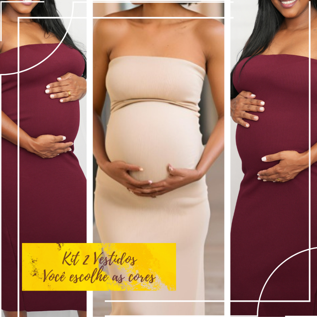 KIT 2 Vestidos Midi Feminino Tomara Que Caia Gestante para Gravida Anarruga Canelado Tubinho Justo saída Maternidade