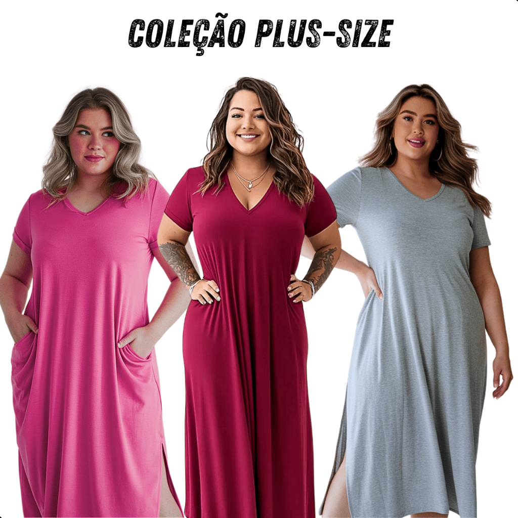 Kit Vestido Plus Size Feminino do P ao G3 Saruel Fenda Lateral Com Bolso Longo Soltinho Saruel Moda Gestante