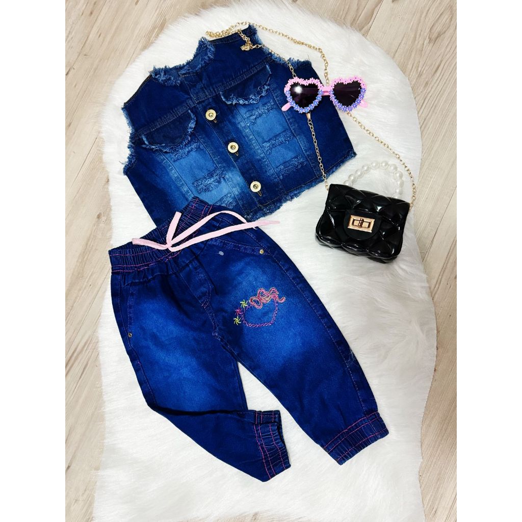 Conjunto Jeans Molinho Menina  (Colete e Calça Jogger ) P M G