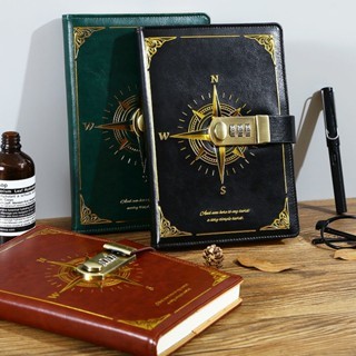 Caderno A5 de 200 páginas com cadeado de combinação (senha de 3 dígitos) e capa em couro PU de 80g.