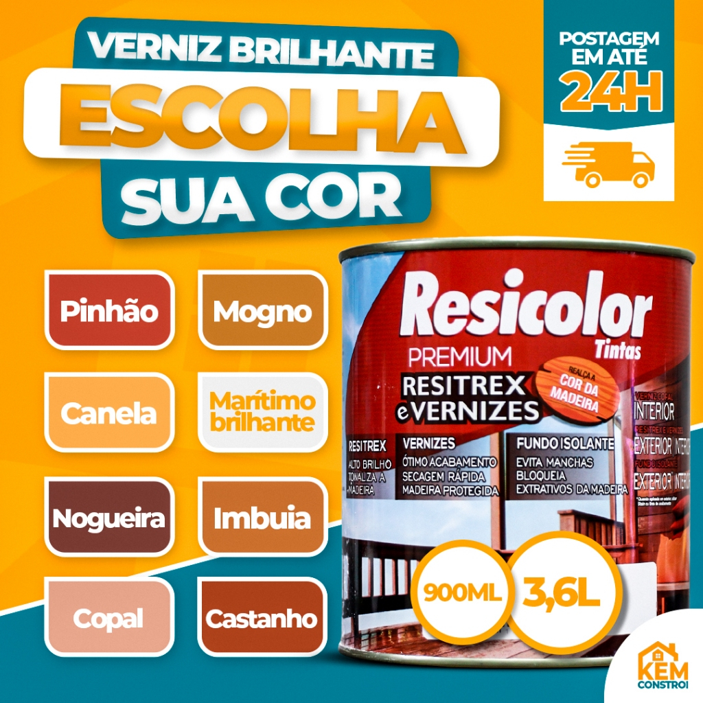 Verniz Brilhante Para Madeira Interno Secagem Rápida Lata Galão 900ml/3,6 Litros - Resicolor