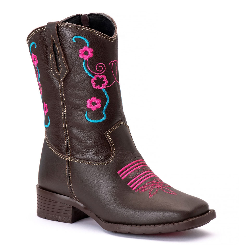 Bota Texana Infantil Feminina Bordado Florido Café com Zíper