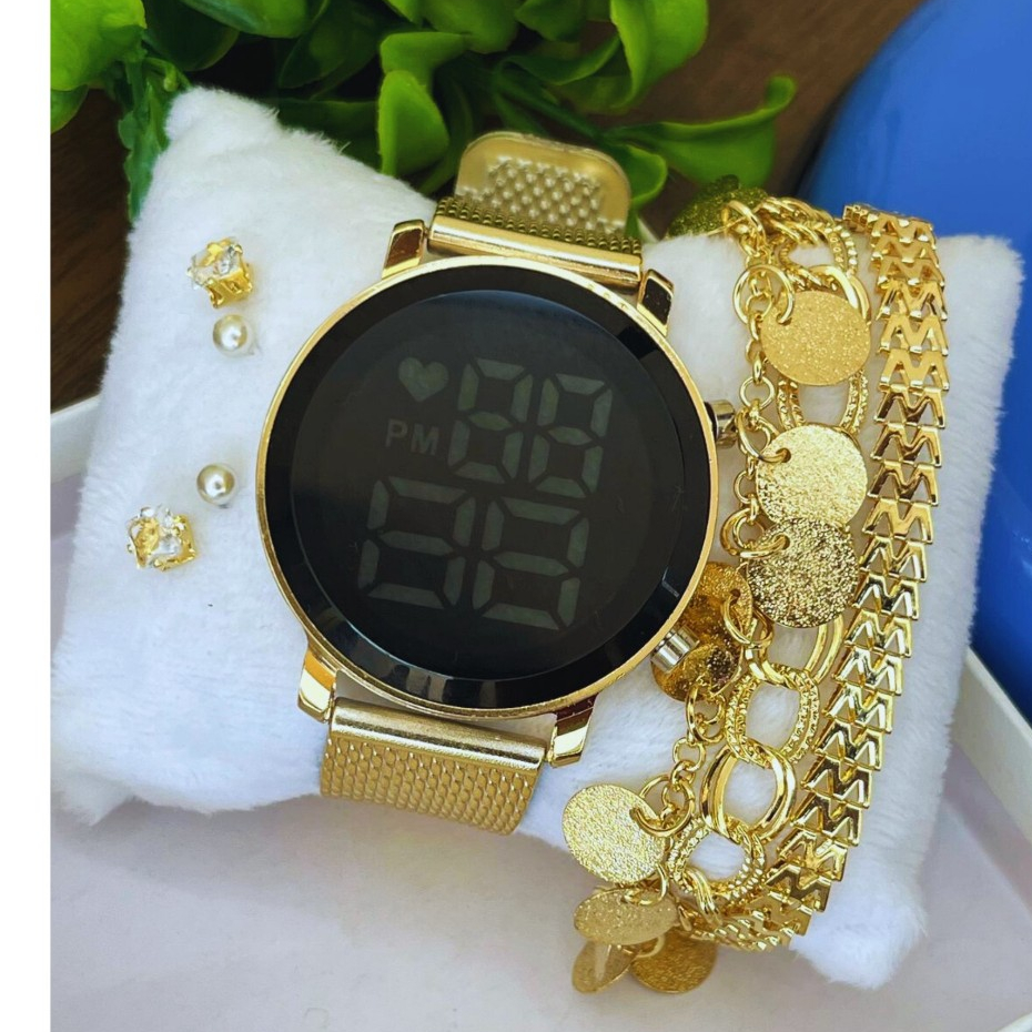 Relógio Feminino Led Digital Kit Redondo Pulseira + Brinco Pulso Led Rosé Prata Preto Dourado