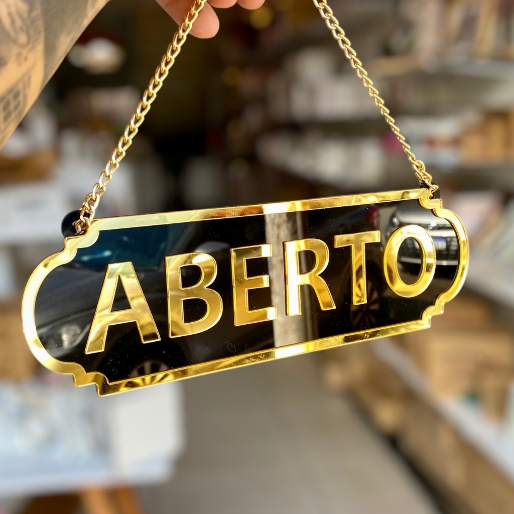 PLACA ABERTO E FECHADO EM ACRILICO ESPELHADO COM VENTOSA
