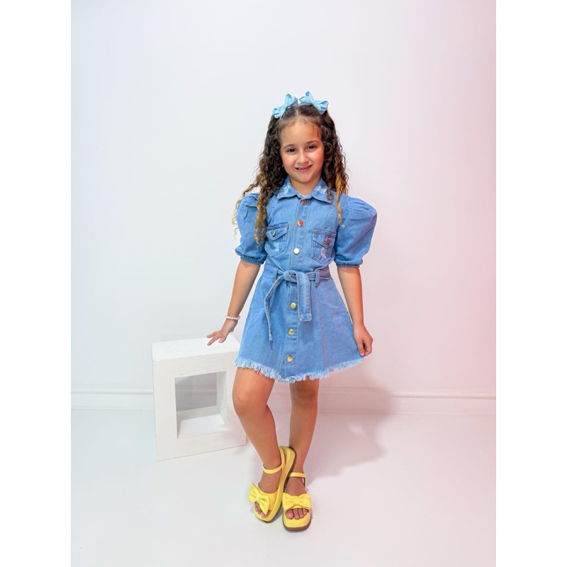 Vestido manga bufante jeans infantil menina Blogueirinha Diva