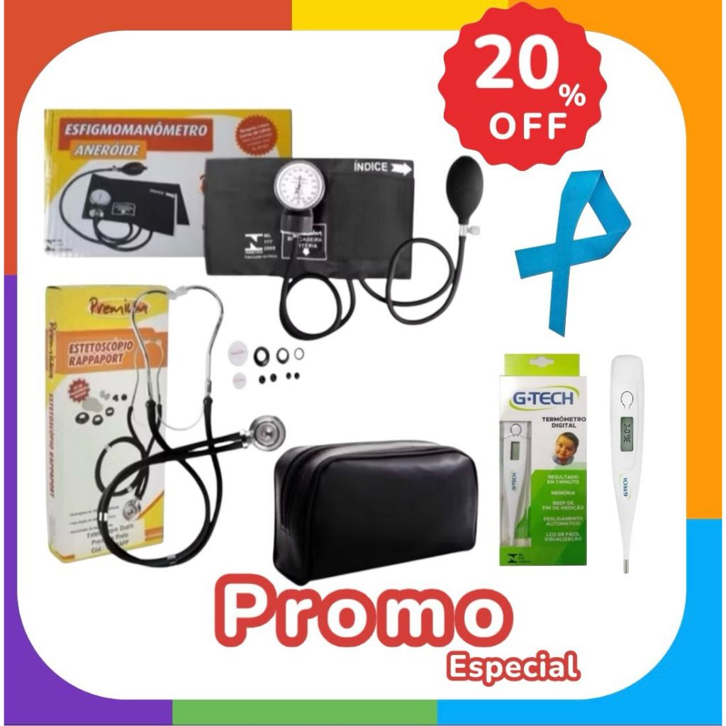 Kit Luxo Premium Enfermagem 5 itens- Com Estetoscópio Duplo Rappaport e Esfigmomanômetro