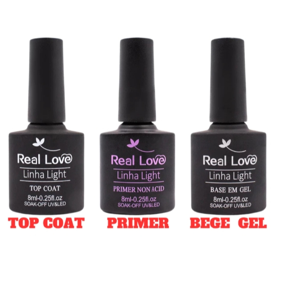 Kit 3 Preparadores-Primer-Top Coat-Base em Gel-Real Love