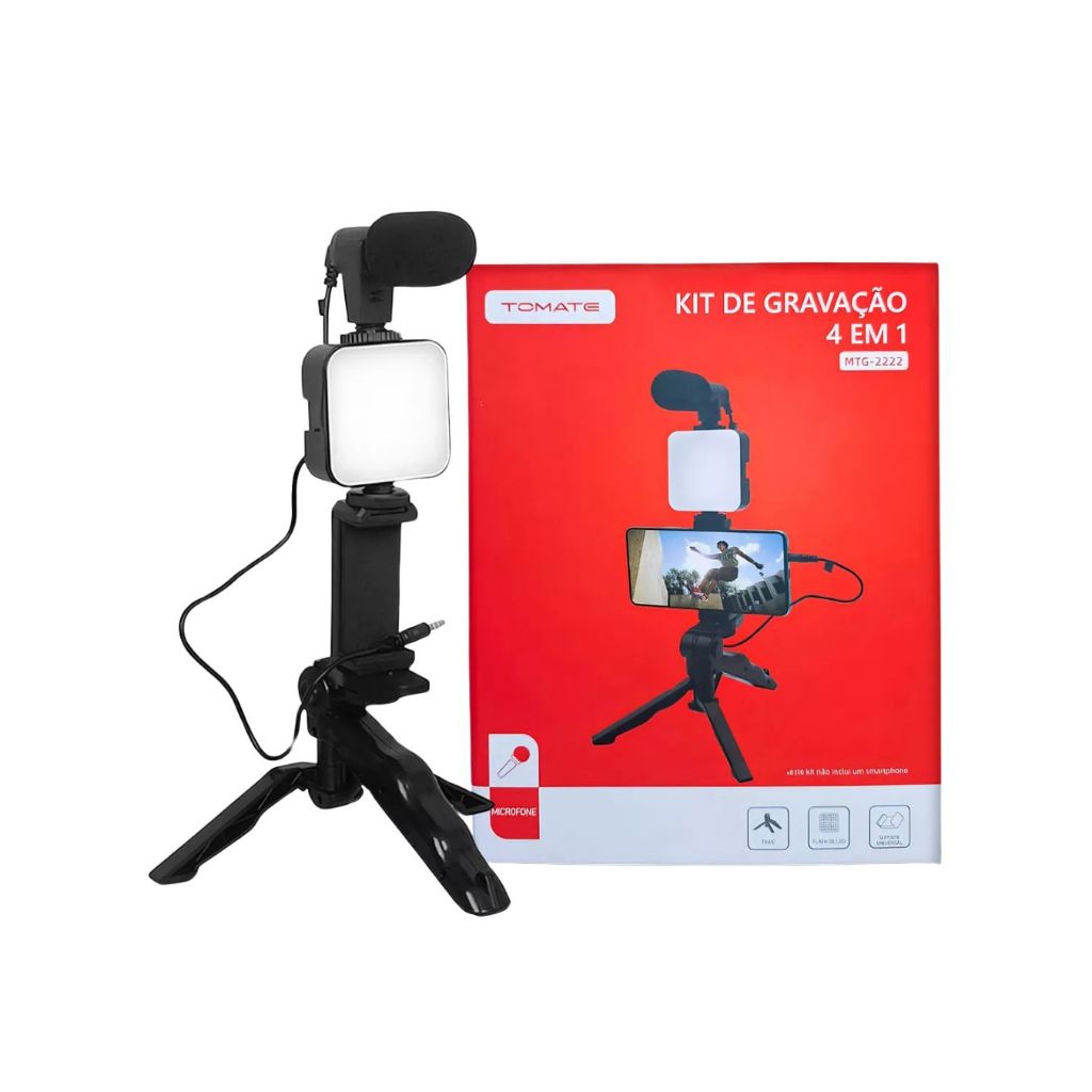 Kit Gravaçao 4 Em 1 Com Microfone, Led, Suporte Celular