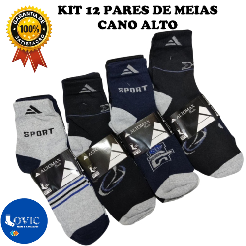 Kit Até 12 Pares de Meias Masculina Cano Longo Grosso Alto Max Confortável