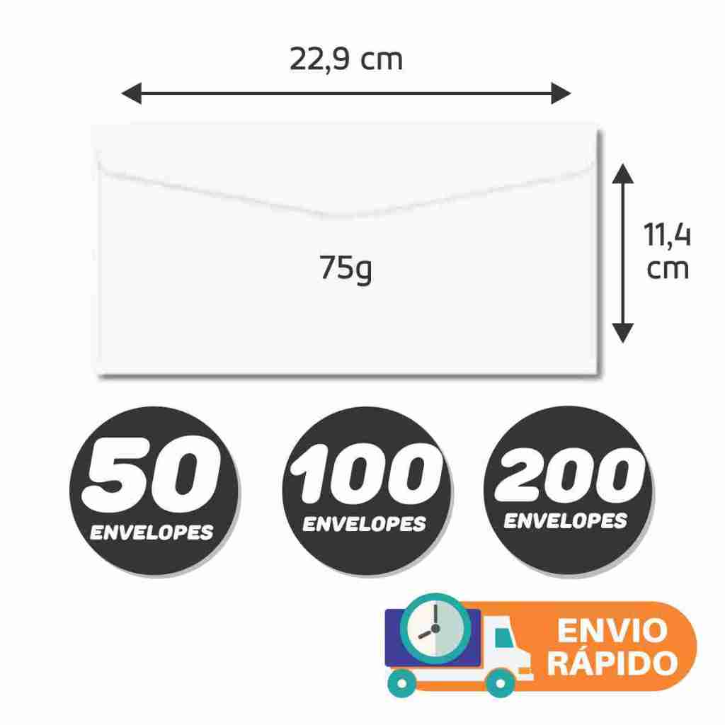 200 Envelopes Oficio (Carta) 114x229mm 75grs Branco, Barato, Kits 50, 100 e 200