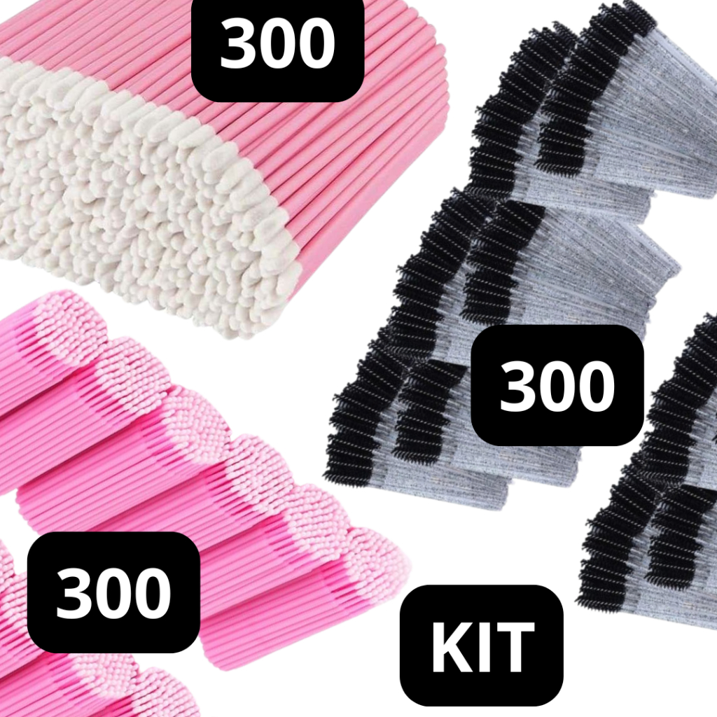 Kit Completo 300 Escovinhas + 300 Microbrush + 300 Aplicador de Batom  Alongamento Cílios Extensão