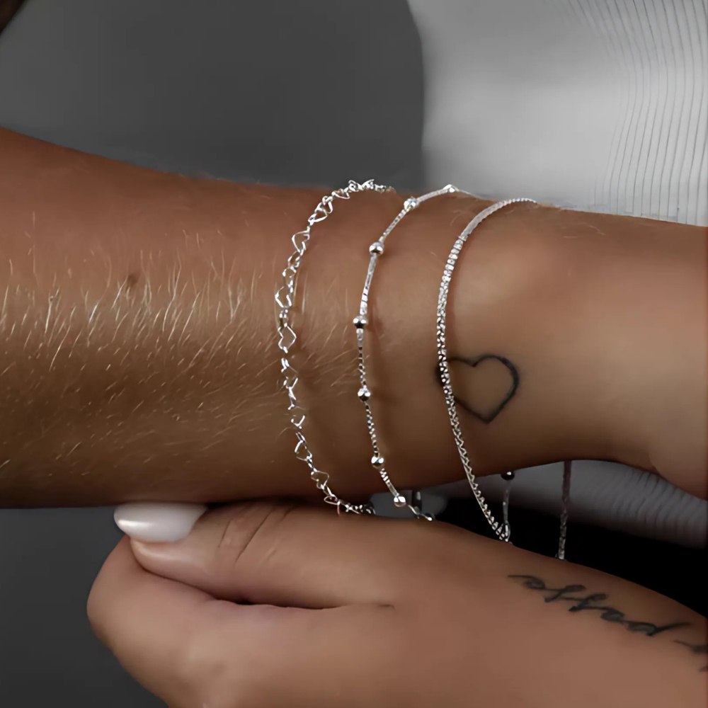 Kit 3 Pulseiras  Prata 925 Modelos Coração Bolinha e Pipoca Delicadas