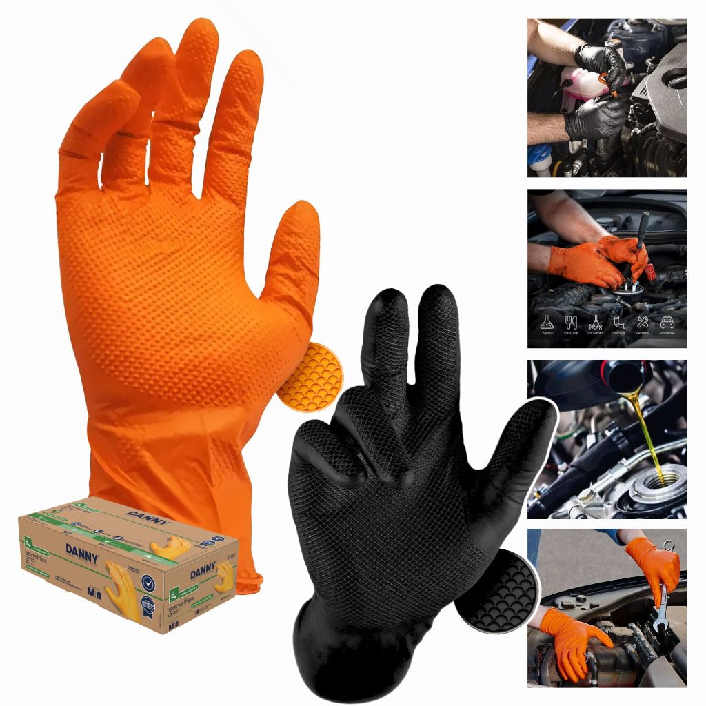 Kit 50 Luva Nitrílica Sensiflex Grip Proteção Química Laranja Ou Preta Mecânico Antiderrapante