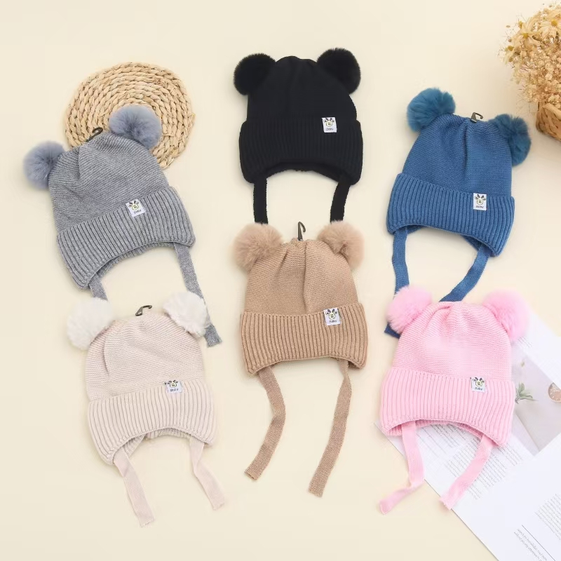 2025 Novo Touca Infantil Simple Menina e Menino Quente Com 2 Pompom Amarrar Touca Gorro Infantil Modelo JZ028