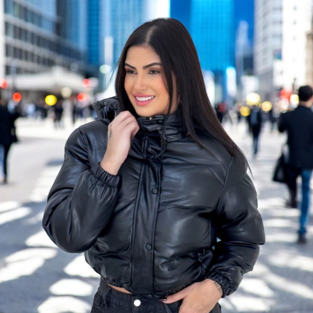 Jaqueta Puffer Feminina de Couro FORRADA com pelinhos Inverno