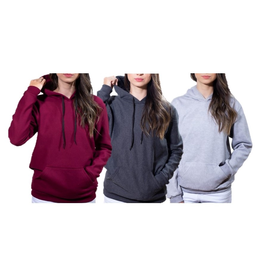 Kit 3 Blusas de Frio Canguru Masculina e Feminina Com Capuz e Bolso Liso Unissex