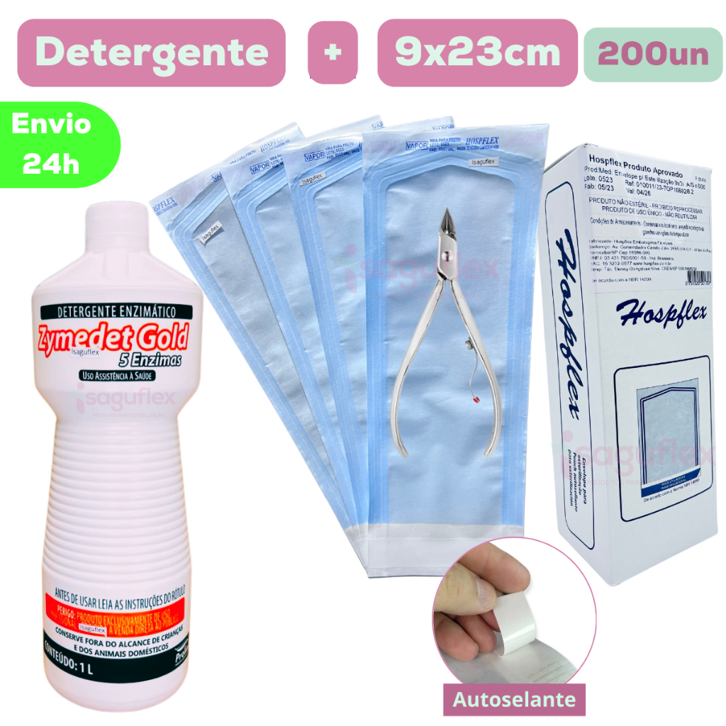 Kit Envelope esterilização alicate cutícula manicure autoclave 9 x 23cm + Detergente Enzimático