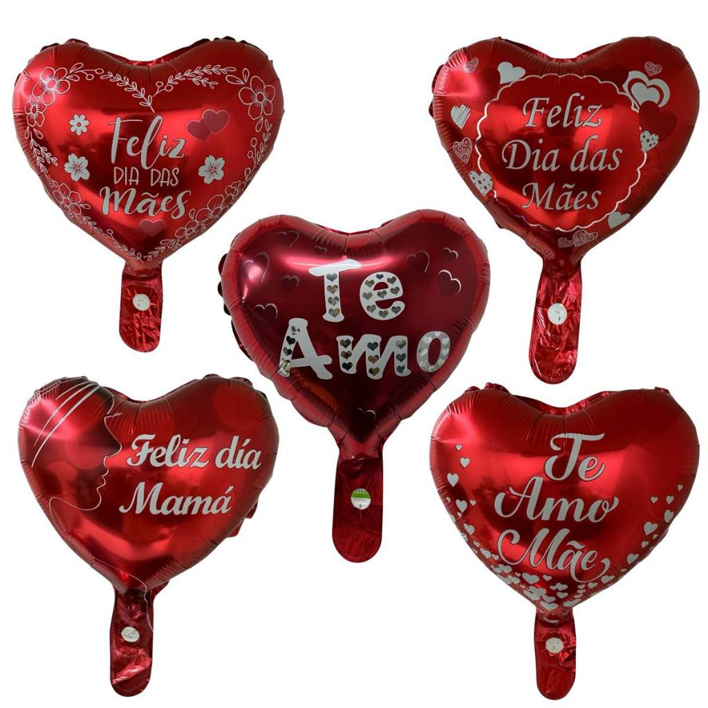 10 Balão Metalizado Coração Vermelho Feliz Dia Das Mães Mãe Te Amo 30cm