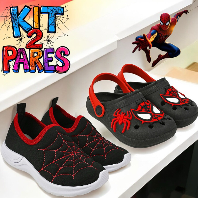 Kit 2 Pares, Homem Aranha ,tênis Calce Fácil + Babuche Menino
