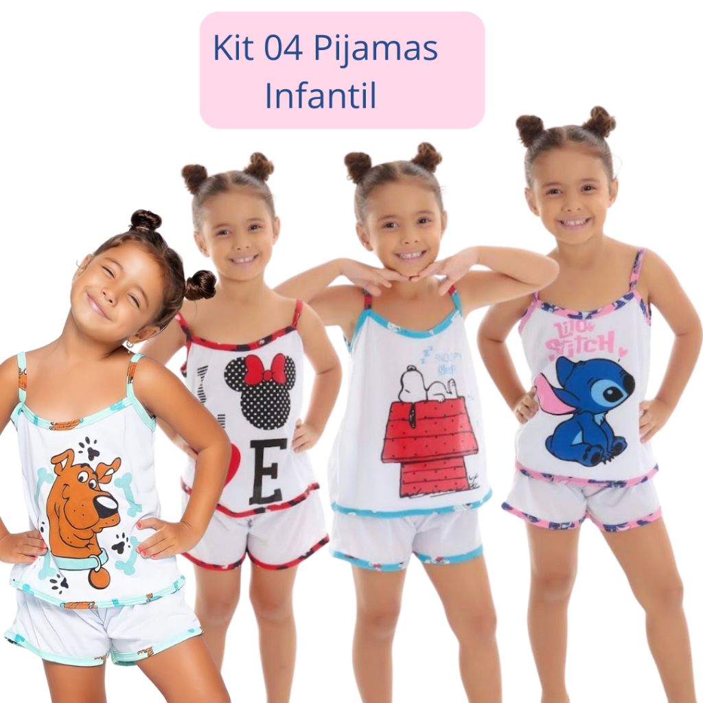 Kit 04 Baby Dooll Pijama feminino Infantil short dool Personagens Verão Revenda Festa Do Pijama Alcinha Revenda