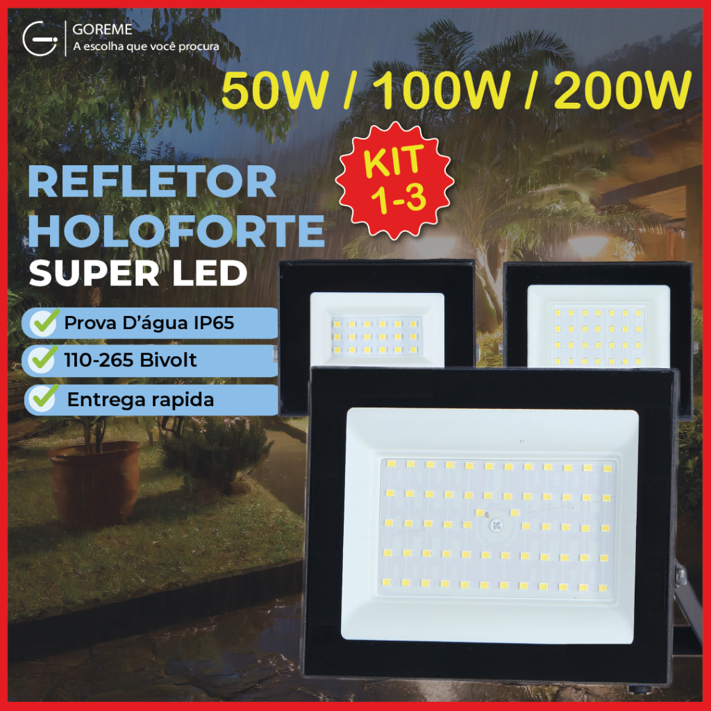 Holofote Refletor Led ECO Pro 200W 100W 50W Luz Fria 6500K IP65 Bivolt