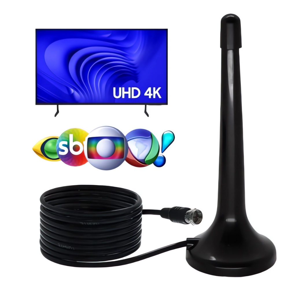 Antena Digital Interna e Externa Full Hdtv Uhf 4K Cabo de 3 ou 5 Metros Para Tv e Conversor Digital