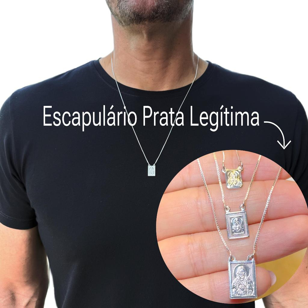 Escapulário Mini Prata 925 Legítima Sagrado Coração de Jesus+ Nossa Senhora do Carmo 60cm Masculino/Feminino