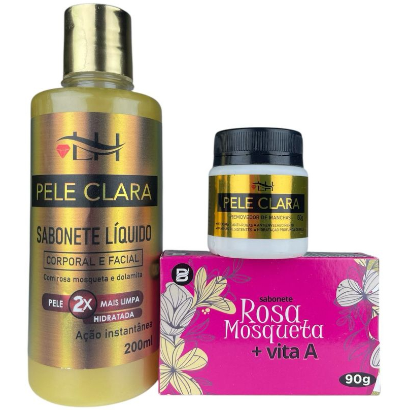 Kit Clareador Creme Pele Clara, Sabonete Rosa Mosqueta e Sabonete Líquido Pele Clara LH