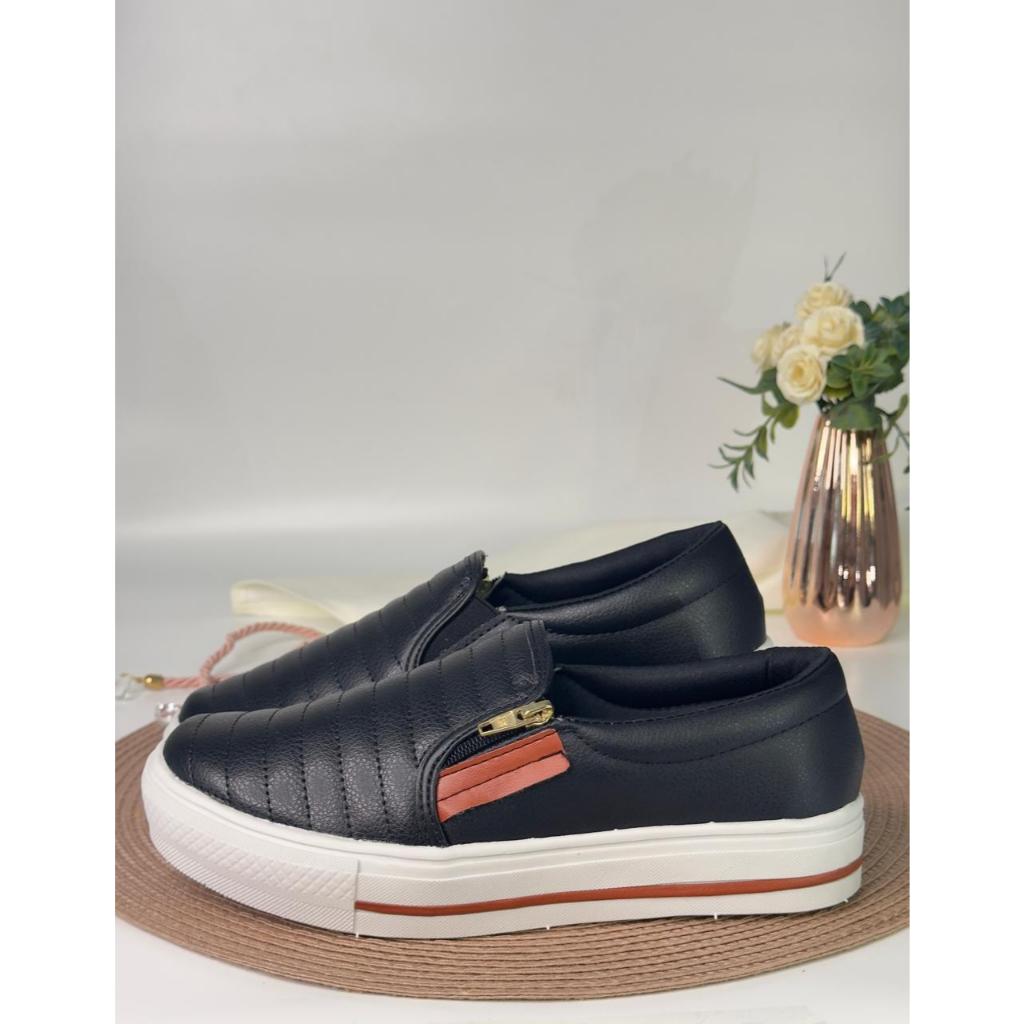 Sapatênis Tênis Preto Feminino Confortável Slip On Sapatilha Casual Com Zíper Envio Imediato