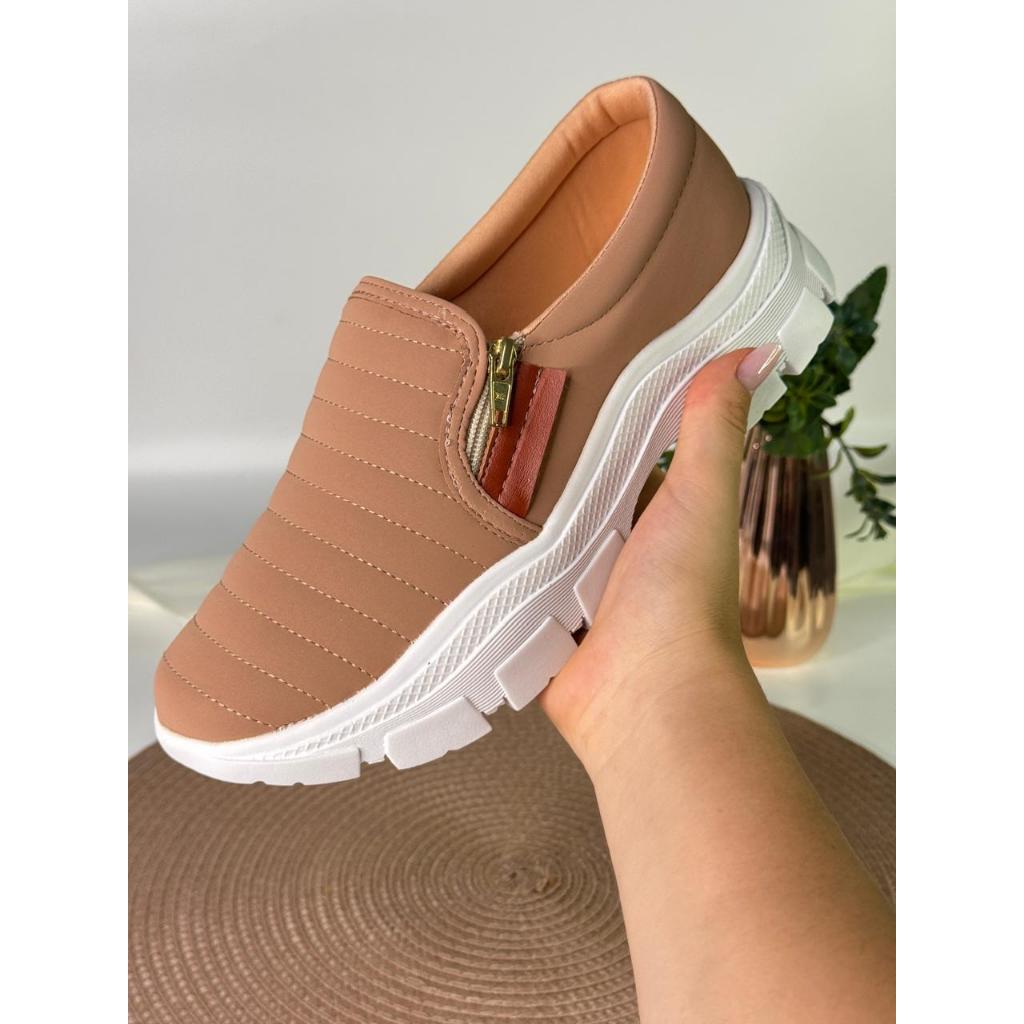 Tênis Feminino Sapatênis Confortável Slip On Sapatilha Casual Tratorado Com Zíper Envio Imediato
