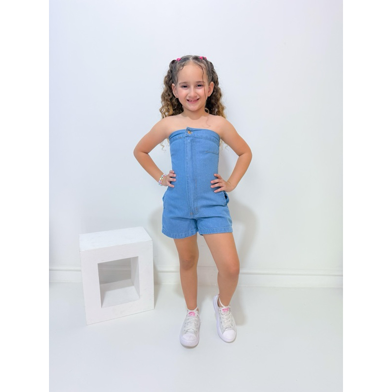 Macacão tomara que caia Jeans infantil menina Blogueirinha diva