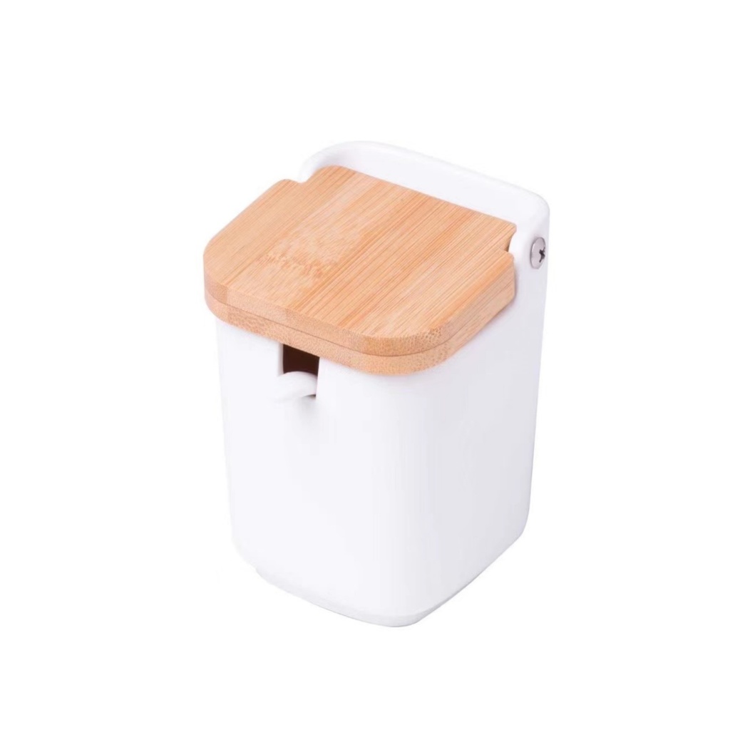 Saleiro de Mesa Cerâmico com Tampa e Colher de bambu