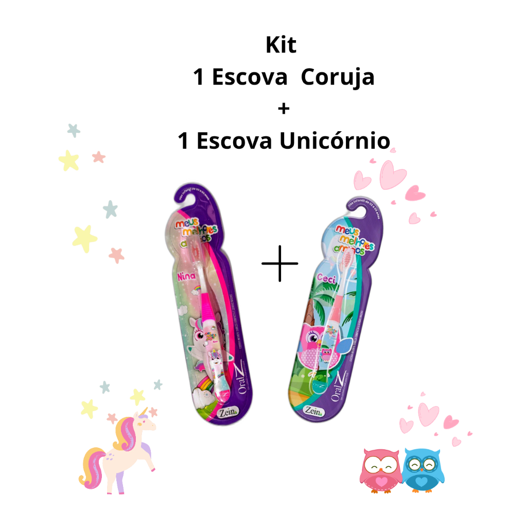 Kit 2 Escovas De Dentes Infantil Macias 1 Coruja + 1 Unicórnio Rosa Criança