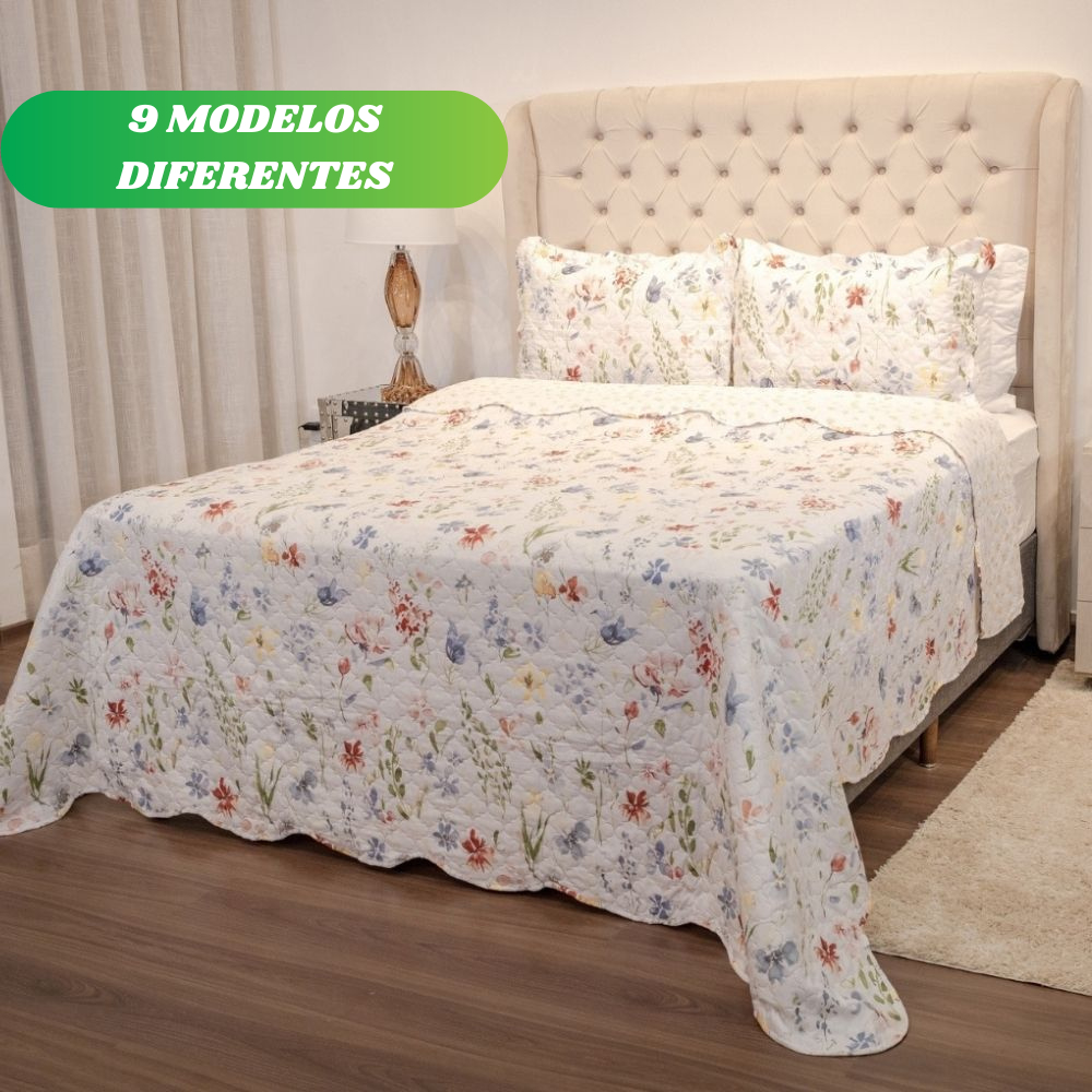 Kit Colcha Cobre Leito Casal Queen King 3 Peças Estampada Florida Matelado Boutis Percal Cama Box