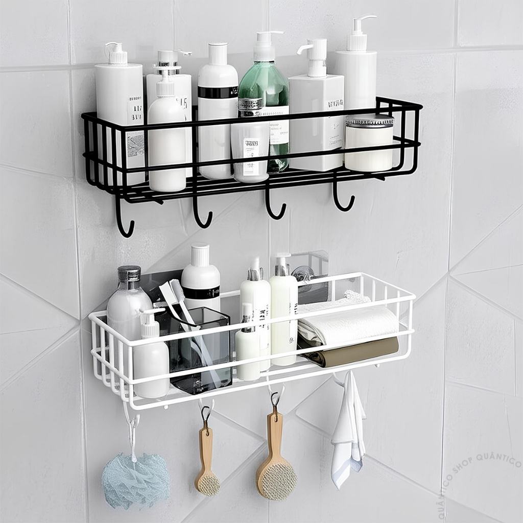 Kit 1 ou 2 Prateleiras Organizador Adesivo Com Gancho Preto De Parede Porta Shampoo Banheiro
