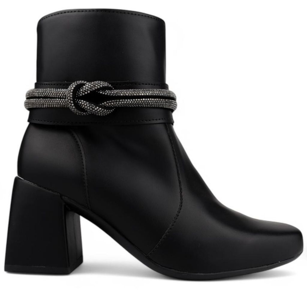 Bota Feminina Elegante Bico Quadrado Salto Grosso 6cm Com Enfeite Strass Preto,Caramelo,Offwhite