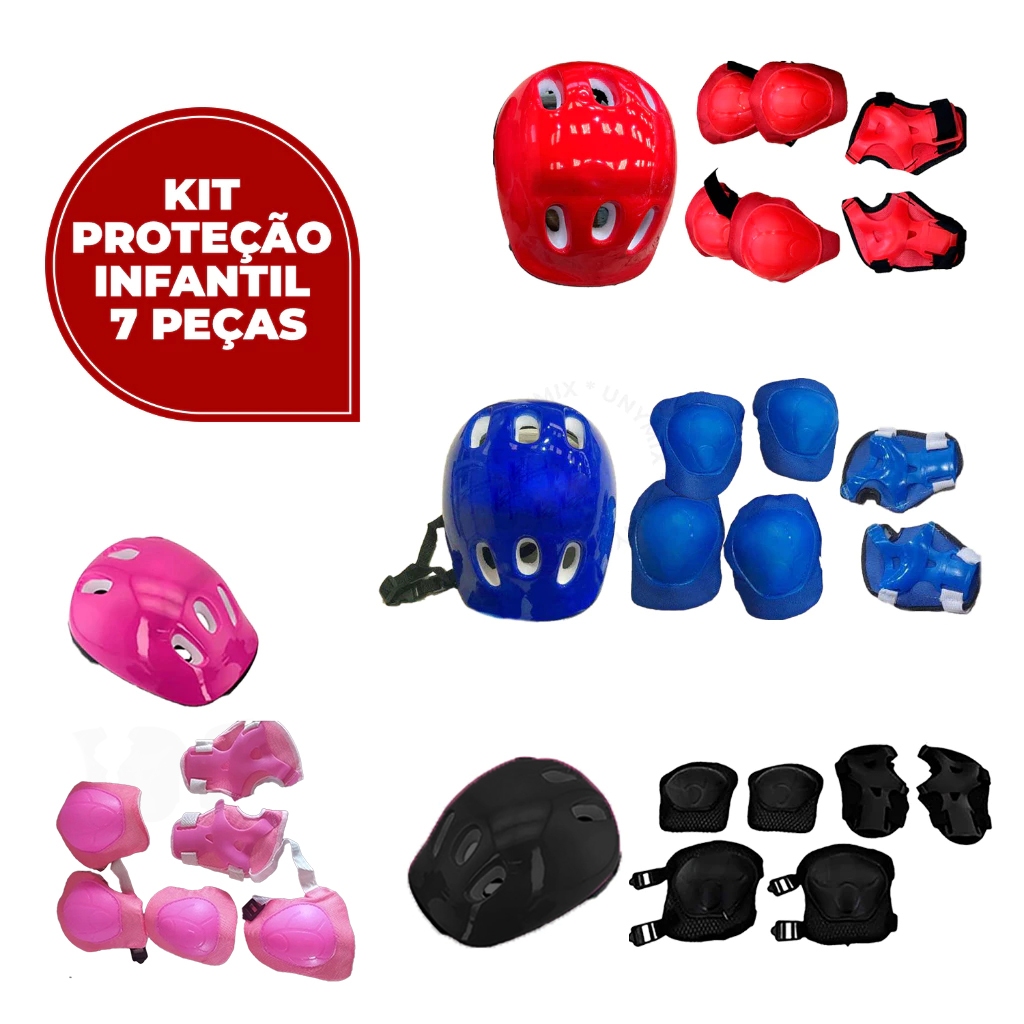 Kit Proteção Infantil 7 Peças - Capacete Joelheira Cotoveleira Luvas Bicicleta Patinete Skate Patins