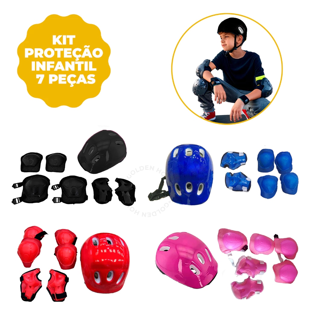 Kit Capacete Proteção 7 Peças Criança Infantil Joelheira Cotoveleira Luvas Bicicleta Patinete Skate