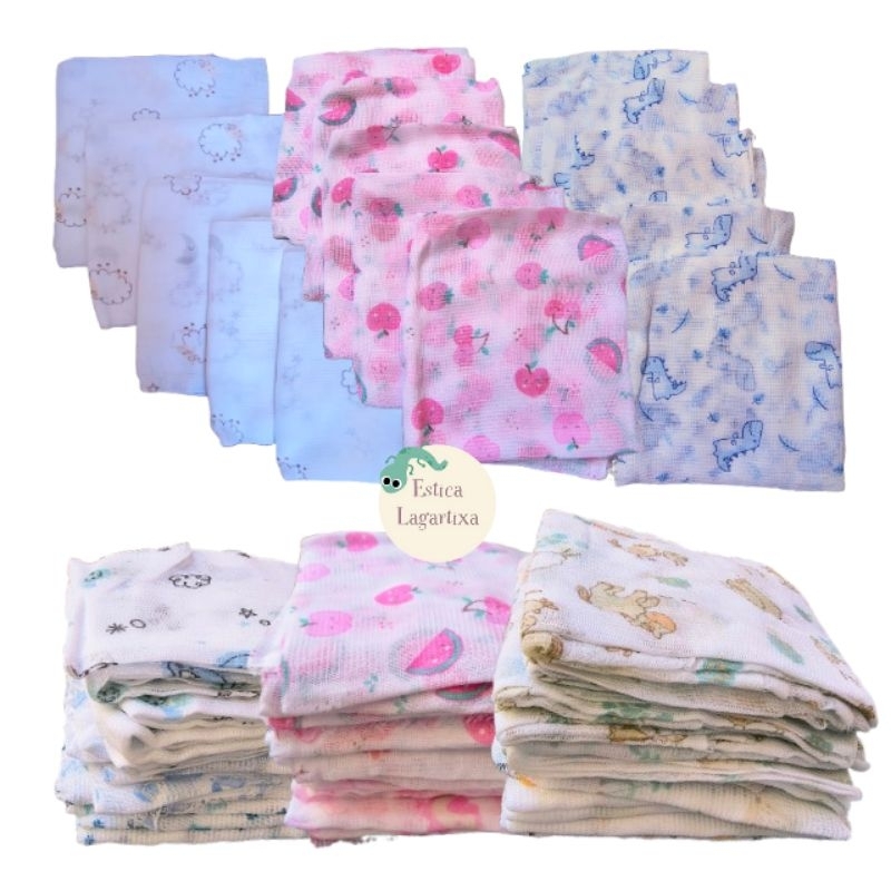 Fralda de Pano Bebe kit com 10 Tecido 100% Algodão 60x60 Paninho Babete Estampada