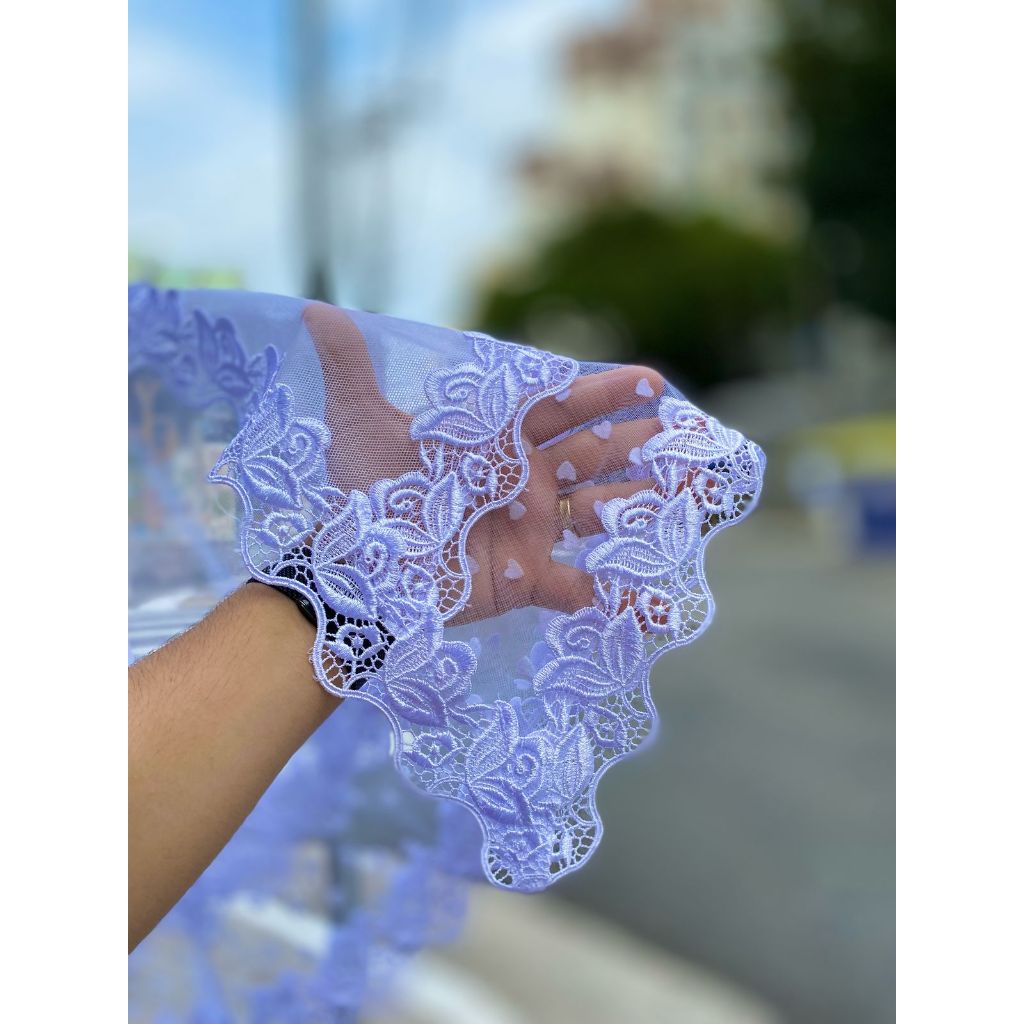 Véu CCB Congregação Algodão e Poá Coração Bico Redondo Flor Flores Floral Renda Guipir Mod-073