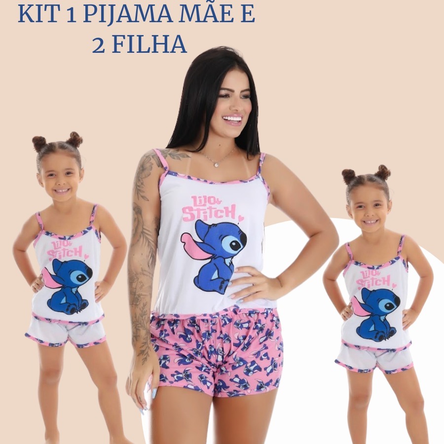 Kit 1 Mãe e 2 Filhas Babydool estampado alcinha tal mãe tal filha STITCH.