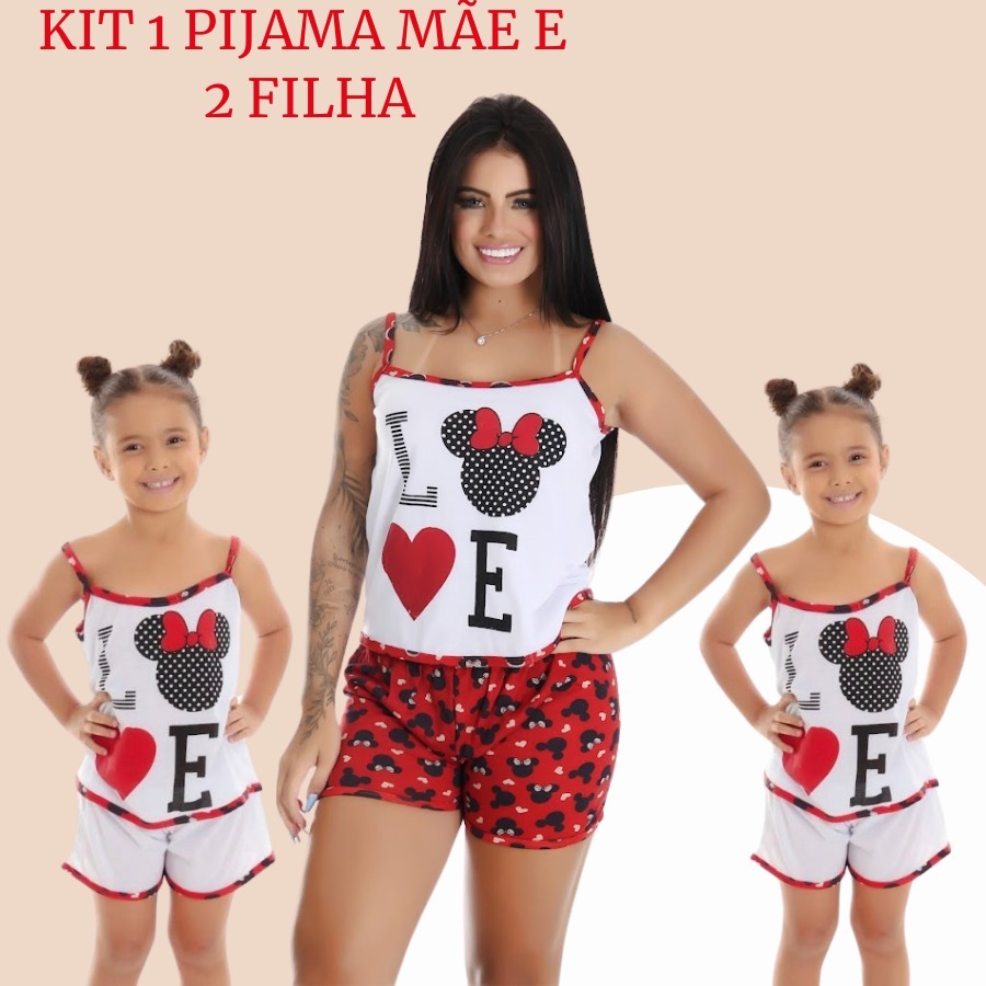 Kit 1 short dool Mãe e 2 Short dol Filha Alcinha Baby Doll Pijama Feminino Adulto e Infantil Pijama Feminino Infantil