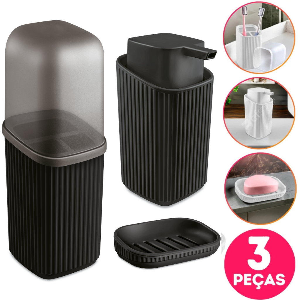 Kit 3 Acessórios Banheiro com Porta Sabonete Líquido, Porta Escovas e Saboneteira com Escorredor Av