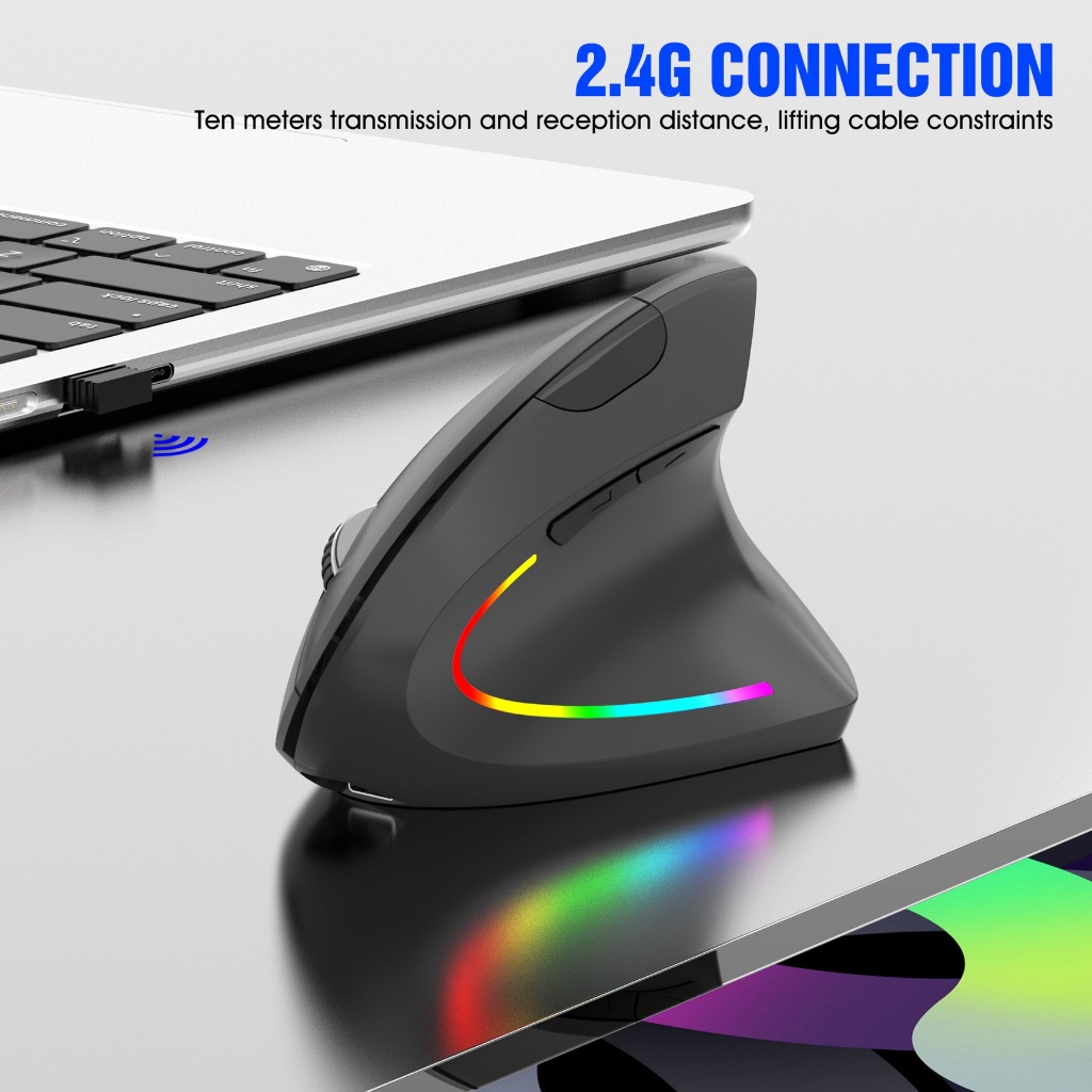 Mouse vertical sem fio 2.4G recarregável ergonômico vertical mouse 3 níveis de DPI ajustáveis ​​RGB Streamer AL853
