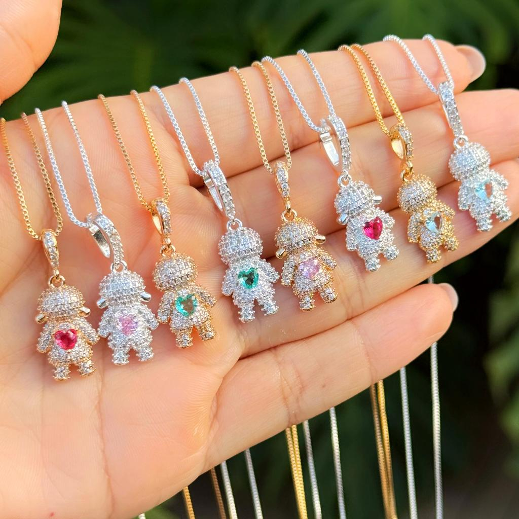 Colar Filhos Pingente Menino/Menina com Pedras Feminino Prata Ouro 18k
